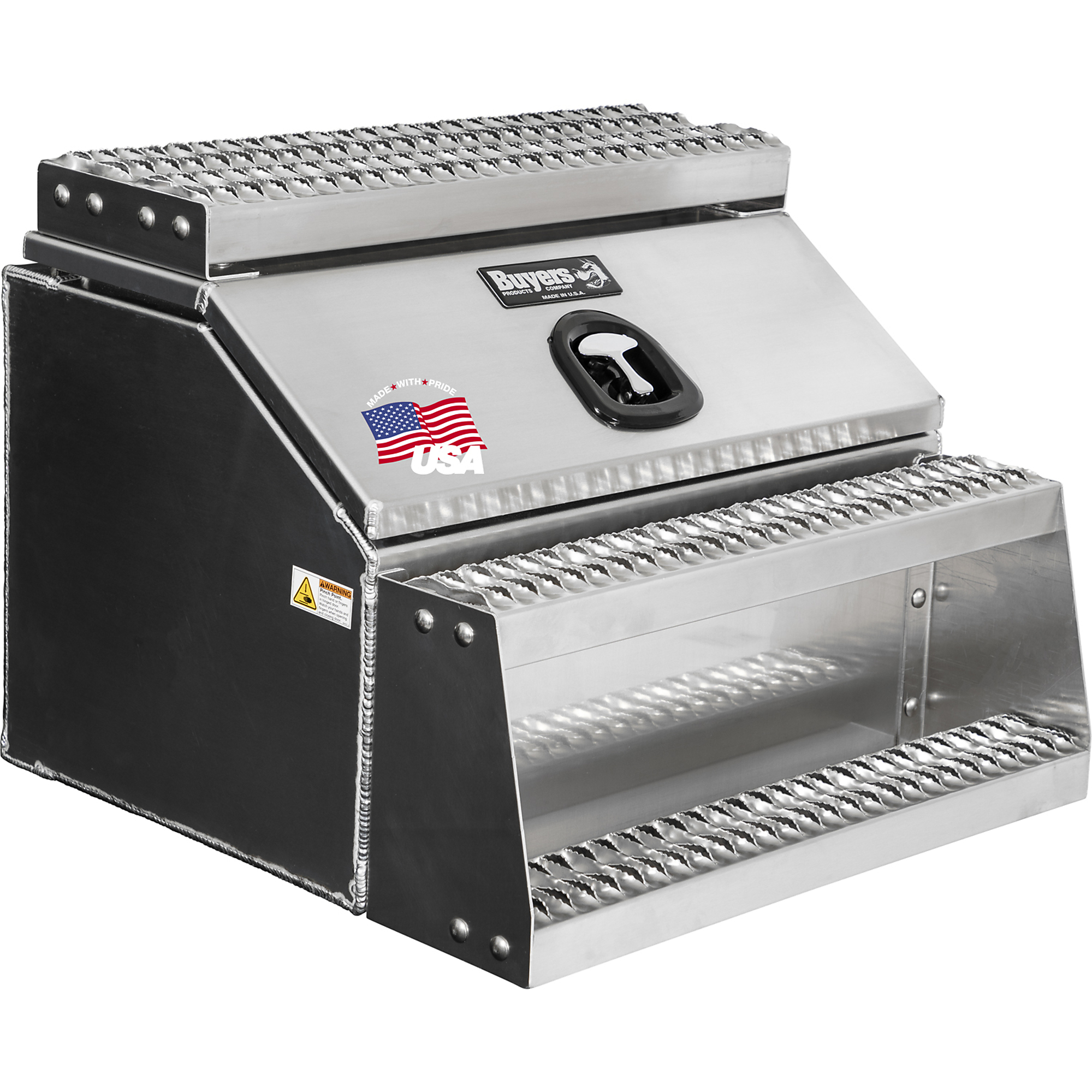 Buyers Products, 30in. Wide Saddle Side Step Semi Truck Tool Job Storage Box, Width 30 in, Material Aluminum, Color Finish Diamond Plate Silver, Model# 1705283